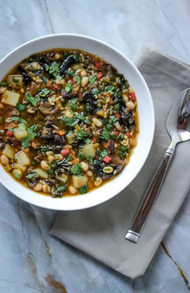 Plant based Instant Pot recipes: wild rice soup recipe with mushrooms and sausage
